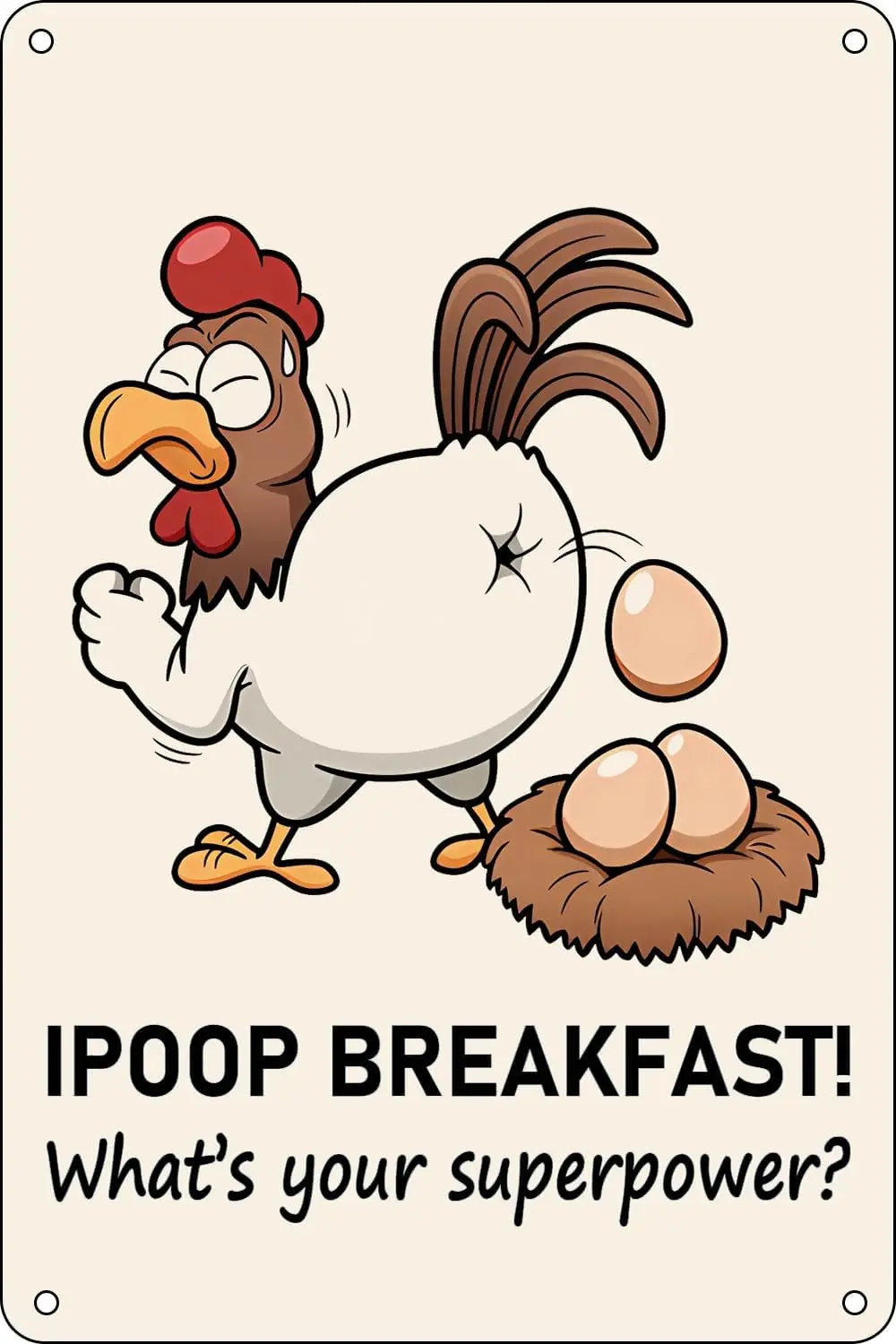 Pancarte Murale en Métal « I Poop Breakfast Whats Your Superpower » - Décoration Murale Amusante pour Poulaillers, Maisons, Restaurants, Cuisines - en Aluminium