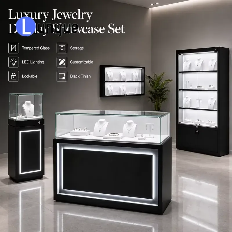 Custom Glass Showcase Cabinet for Luxury Jewelry Store Display Retail Shop Counter with LED Lights Secure Locking Modern