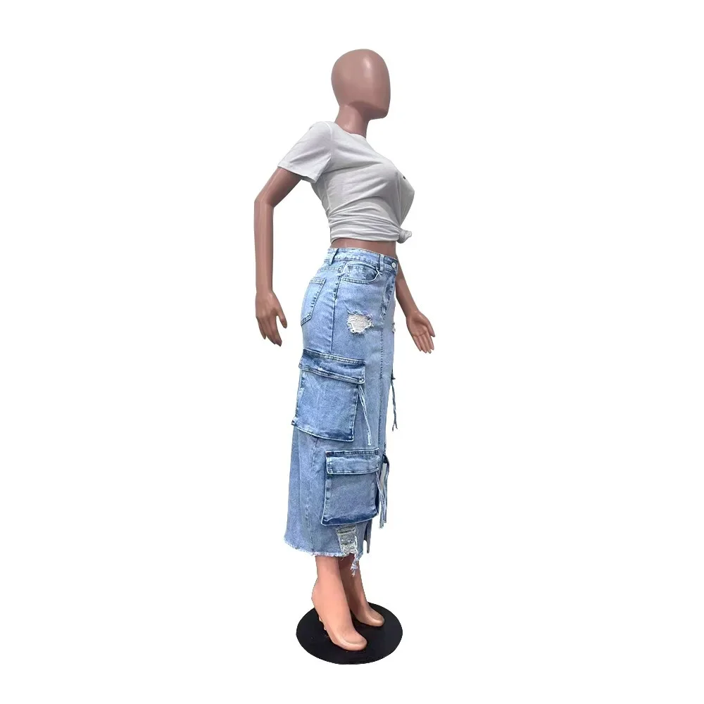 Fashion Women's Stretch Denim Skirt Washed Ripped Pockets Zippers Clothes Chic Sexy Streetwear Ladies Slit Long Skirts