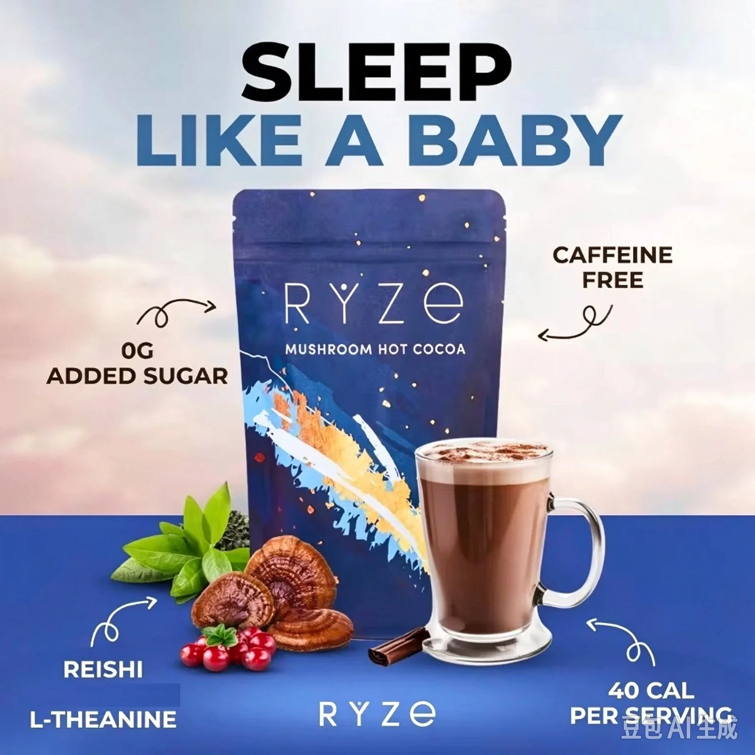 Mushroom Cocoa Powder Sleep Supplement with 6 Adaptogenic Mushroom Blend Reishi L-Theanine and Glycine To Help Fall Asleep