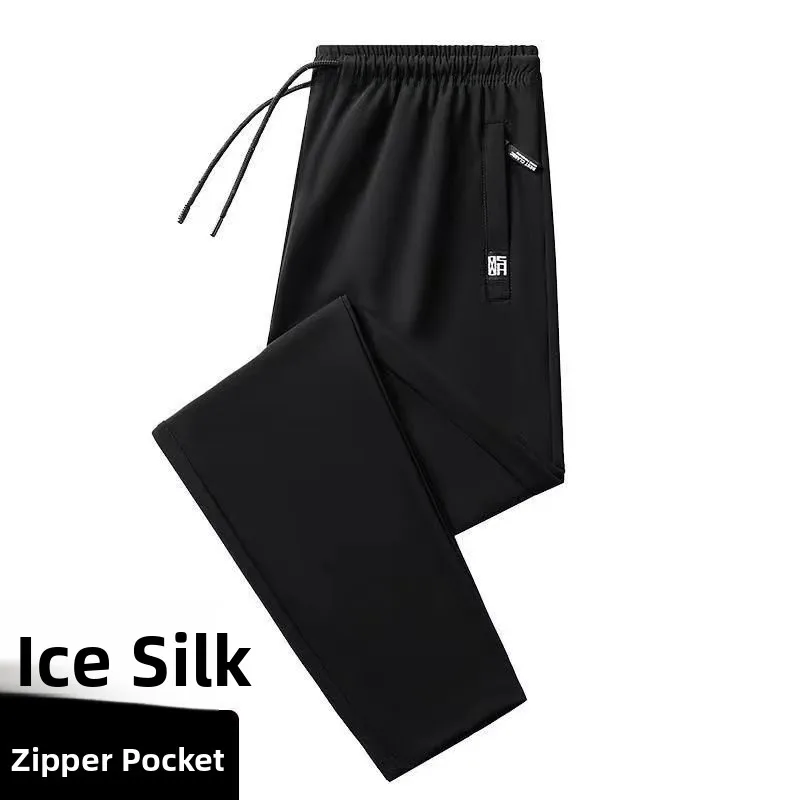 กางเกงขายาวผ้าไอซ์ซิลค์ทรงสลิมฟิตสำหรับฤดูร้อน ผู้ชาย สไตล์ลำลอง แห้งเร็ว เหมาะสำหรับเล่นกีฬา ทรงตรง แฟชั่น