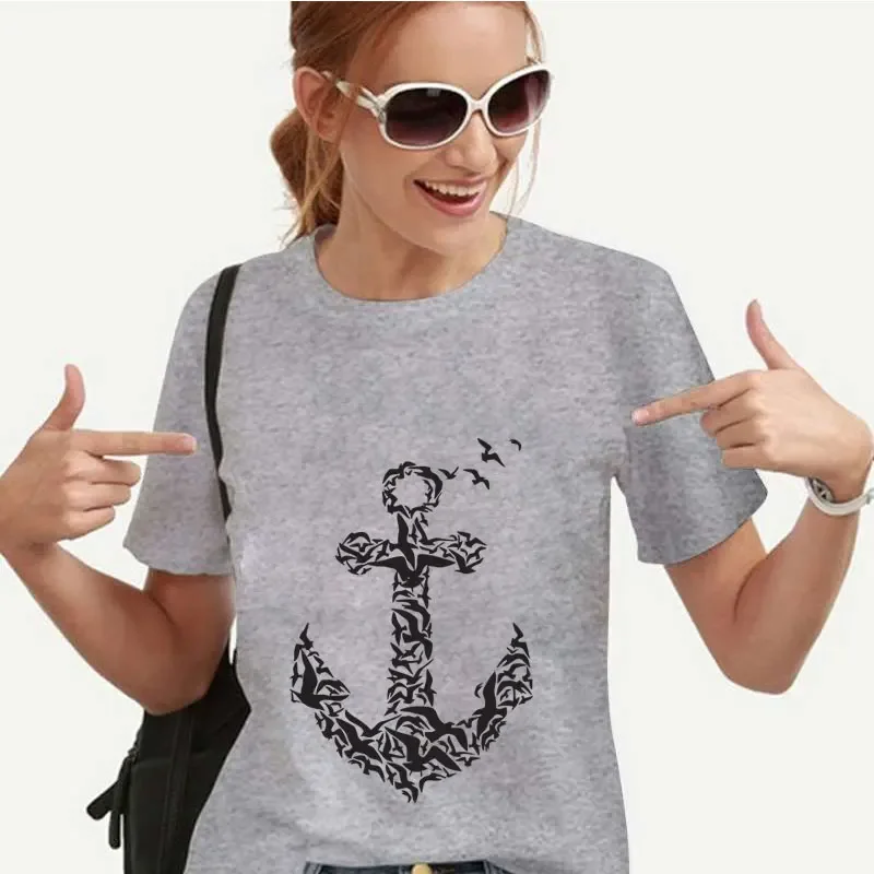 T-shirt for Women Summer Fashion Y2k Graphic Print Tops Nautical Sailor Tee Harajuku Femme Clothing Oversized Streetwear