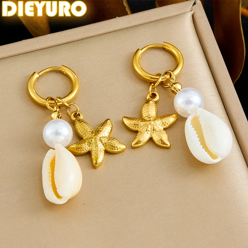

DIEYURO 316L Stainless Steel Golden Starfish Shell Pearl Pendant Earrings Women New Fashion Ear Studs Vacation Jewelry Gift ﻿