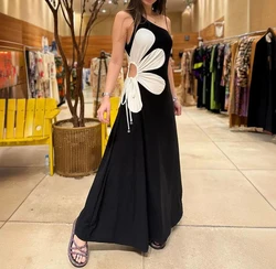 Sexy Club Outfit Women 2024 Dresses Colorblock Floral Print One Shoulder Drawstring Maxi Dress New Fashion 2024 Summer Casual