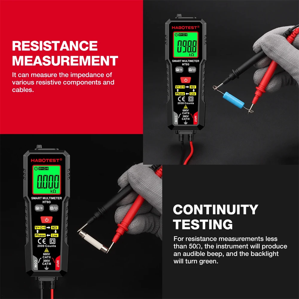 HABOTEST HT93 مقياس رقمي متعدد صحيح RMS التيار المتناوب/تيار مستمر جهاز قياس الجهد الكهربائي المرحلة تسلسل الكاشف الاستمرارية أوم لايف NCV عداد كهربائي