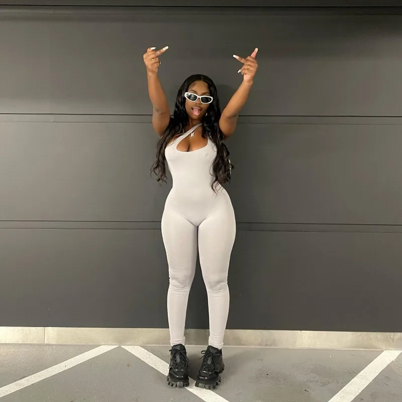 Oshfall Women Sexy Diagonal Collar Sleeveless Backless Jumpsuit Summer Solid Color Sports Jumpsuit Midnight Party Club Clothing
