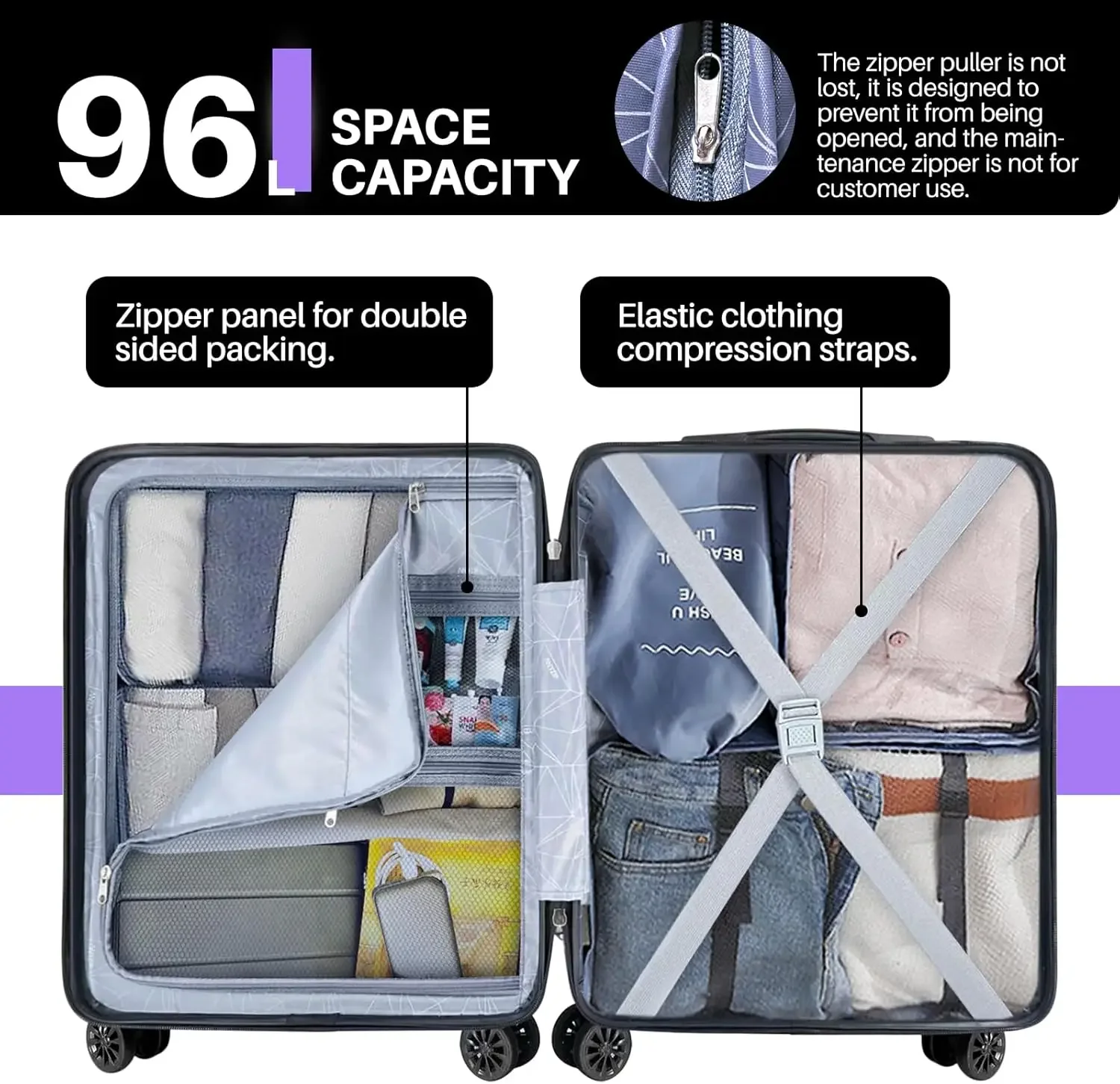 軽量ABSハードサイドスーツケース、USBポート、ホイール、TSAロック付き、バイオレットパープル、28インチ、大型チェックインバッグ