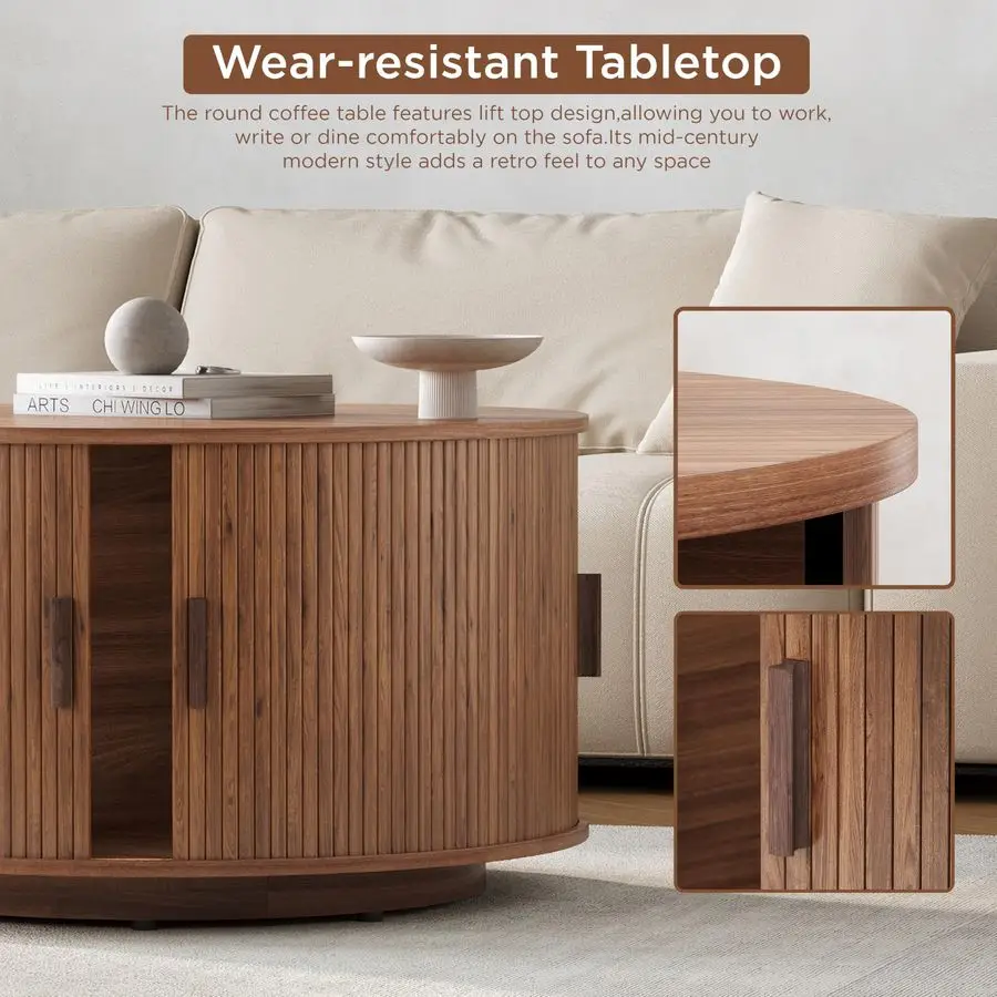 Round Coffee Table with Storage,31.5 Drum Coffee Table with Sliding Tambour Door,Mid Century Modern Coffee Table with Sliding Ca