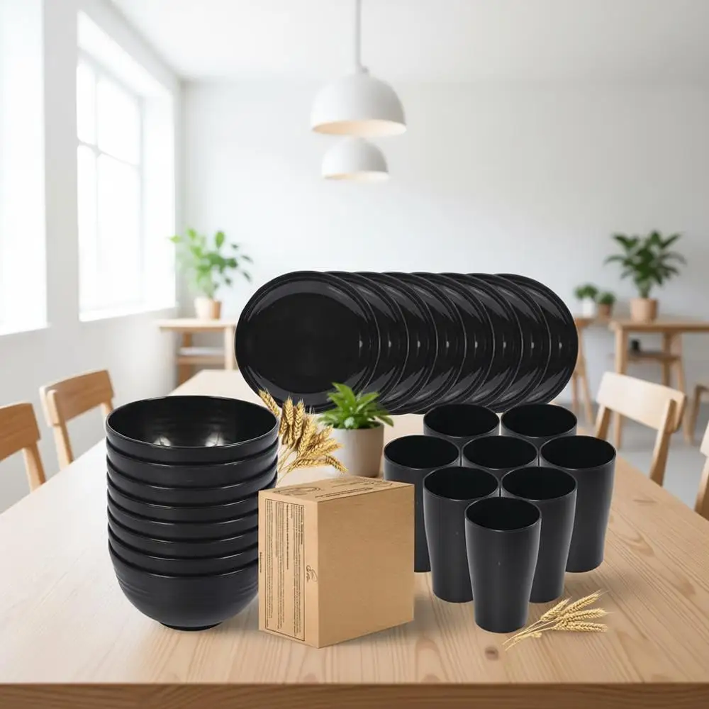 

32 Pcs Dinnerware Sets - Black Dinnerware Sets or 8 Unbreakable Outdoor Camping Dishes with Large Plates, Bowls and Cups - BPA F