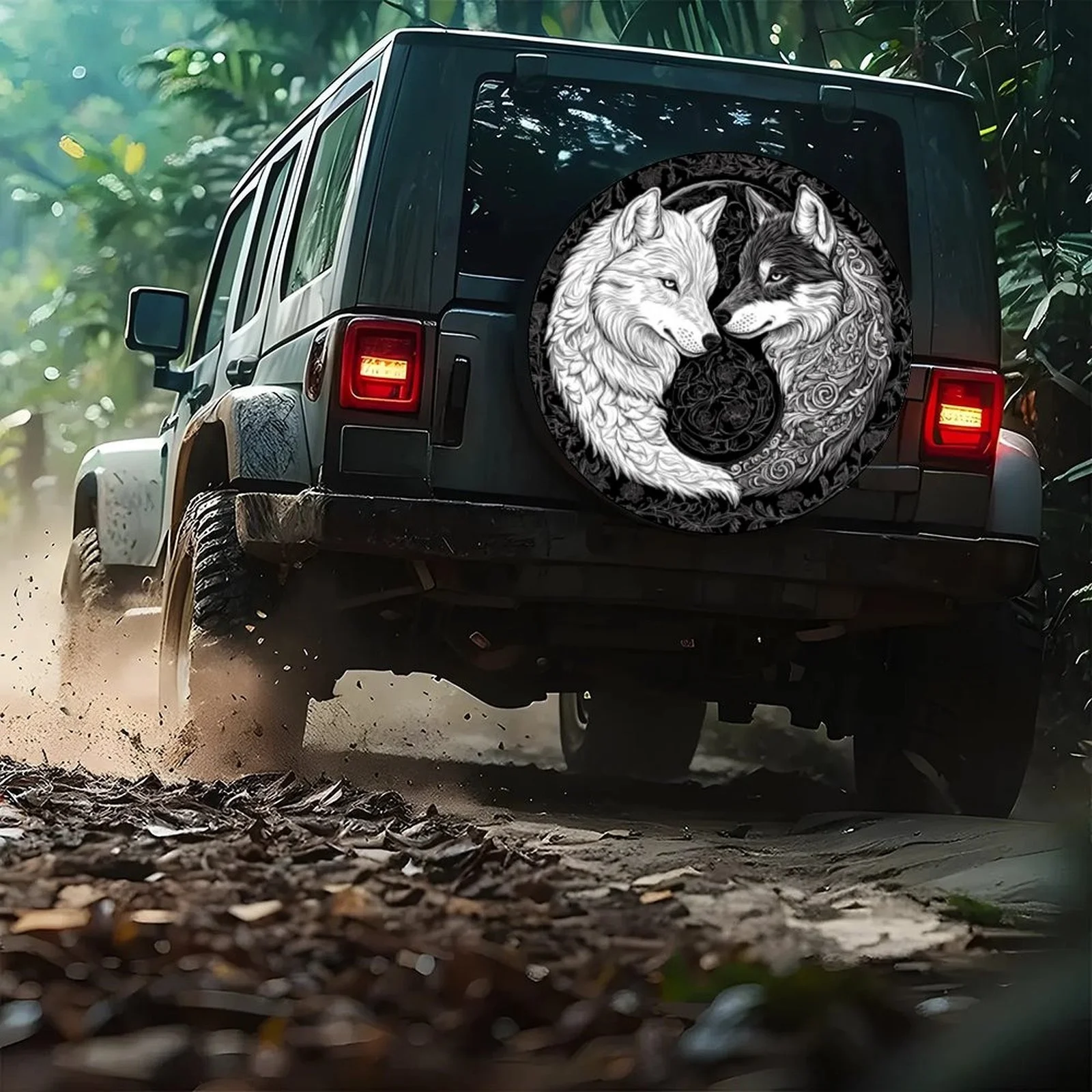 Wolf Yin Yang Tire Cover Wheel - Fit For Cars, Black/White/Gray Wheel Hub Caps - Chinese Martial Rts Inspired Design With Yin-Ya