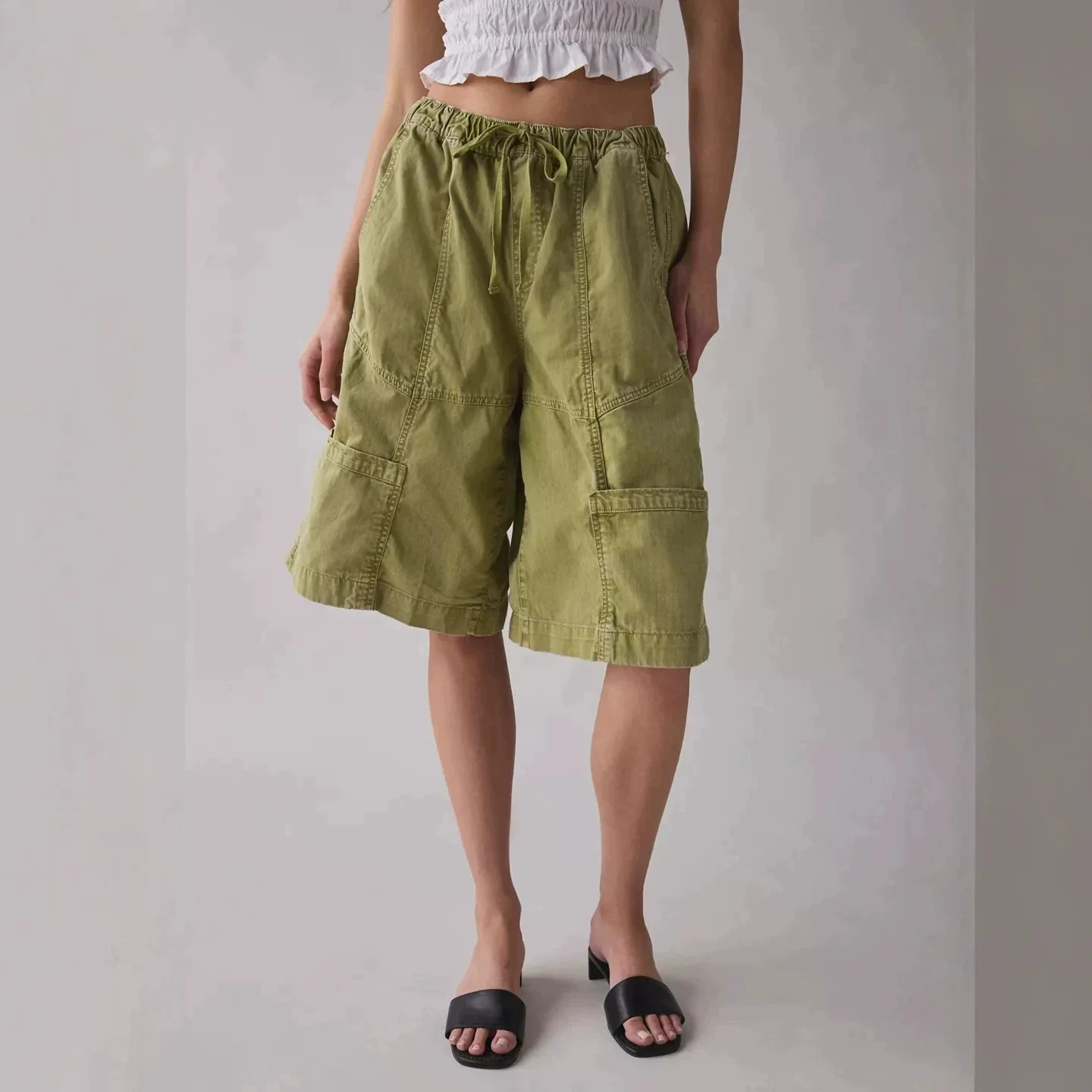 Fashion Sports Elastic Rope Pocket Women's Cargo Jeans Denim Five-point Pants