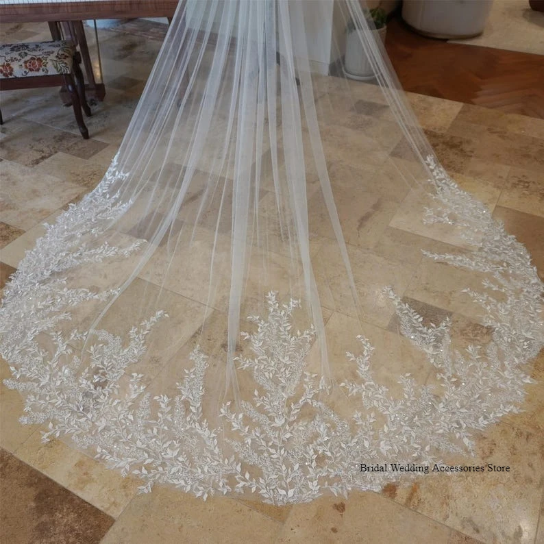 

Sequins Lace wedding veil with beads, long cathedral veils for the bride, wedding accessory, custom 1 layer bridal veils