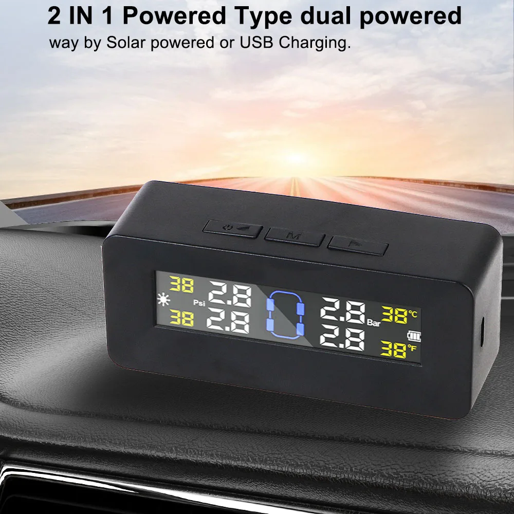 

Car TPMS Tire Pressure Monitoring System Auto Security Alarm Systems Solar/USB Powered Digital LCD Display