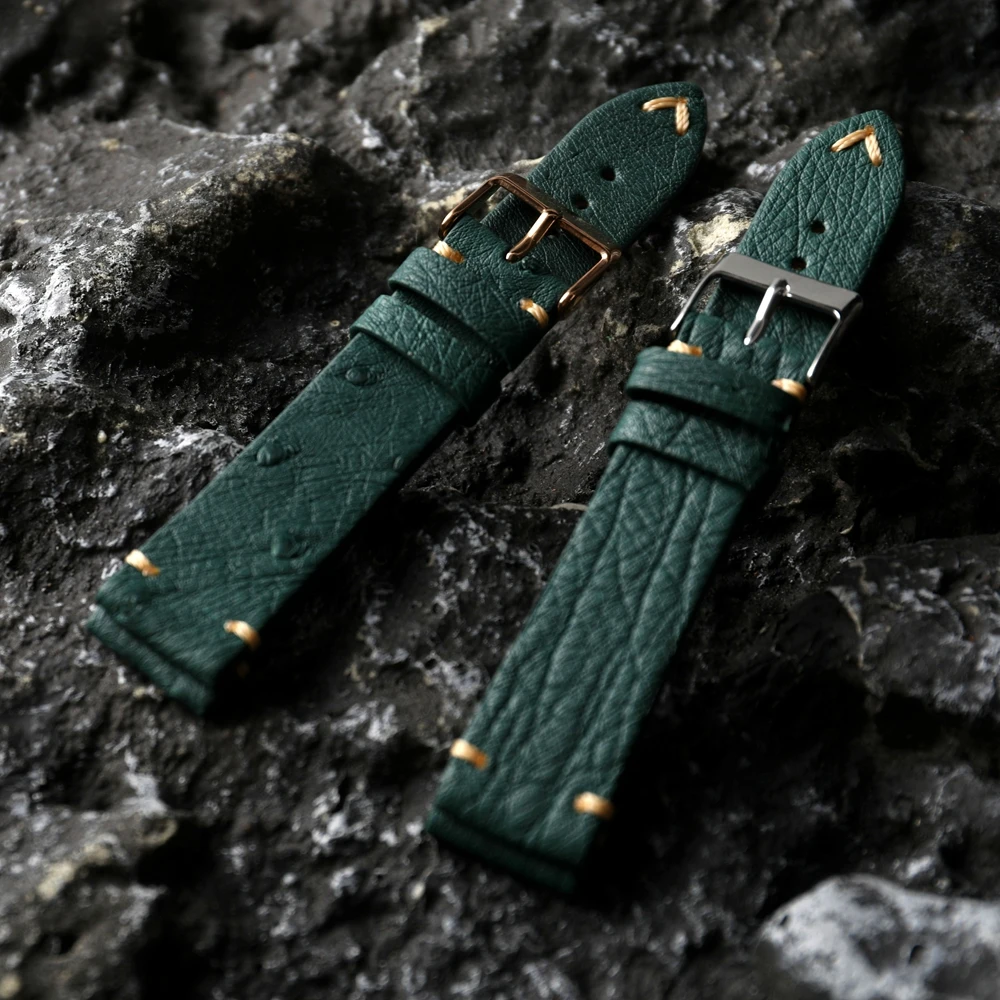 Handmade Ultra-Thin Genuine Leather Strap Ostrich Leather 20MM 18MM 22MM Green Soft Bracelet, Vintage Style