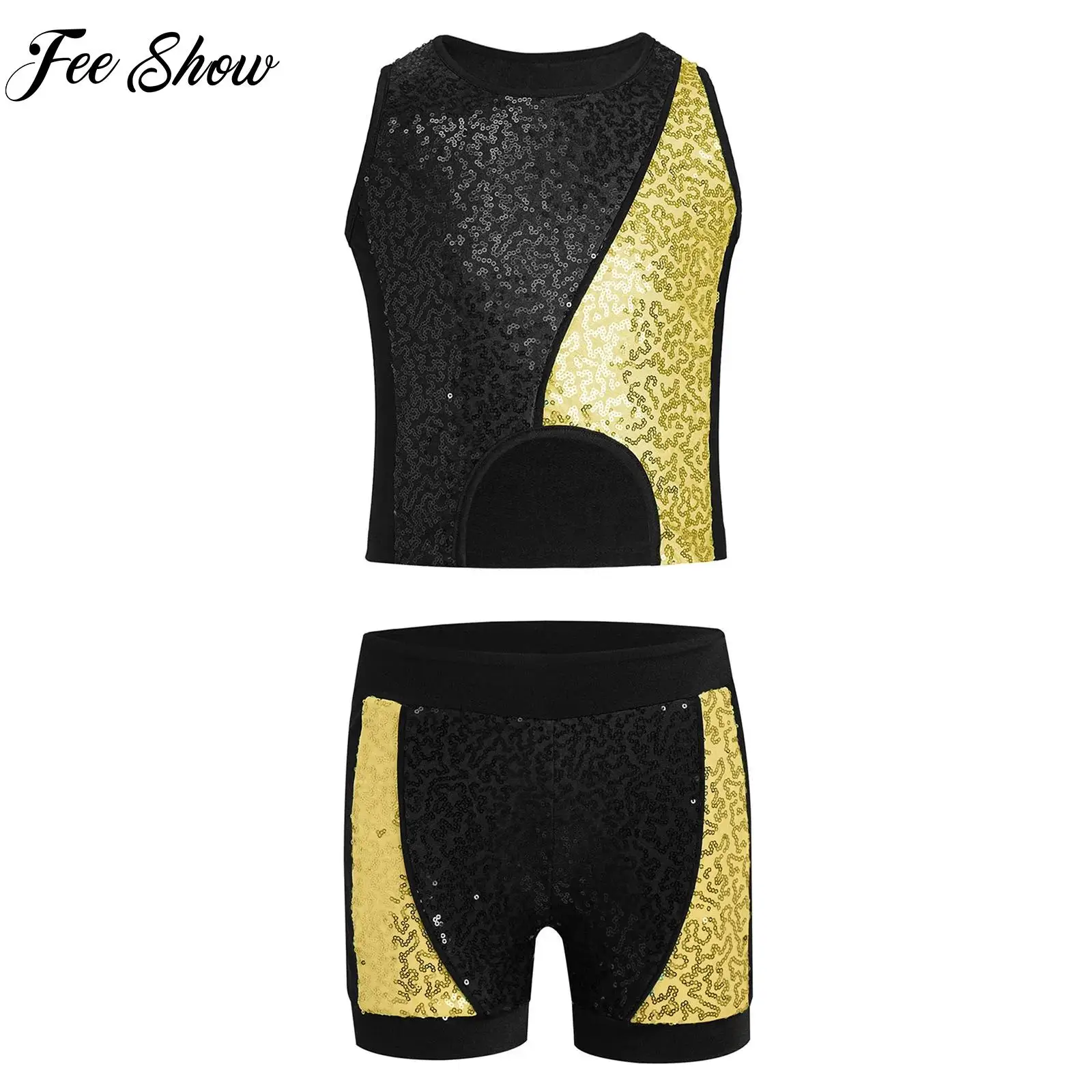 

Children Jazz Dance Costumes Kids Girls Shiny Sequins Dancewear Sets Asymmetrical Hem Vest+Shorts Set Hip Hop Performance Wear