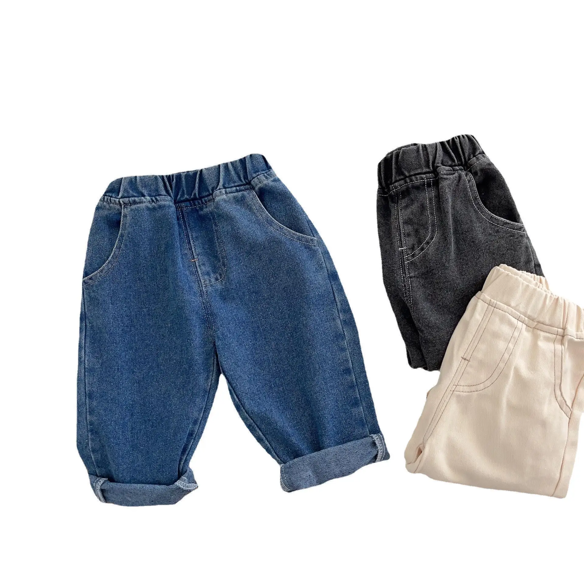 Jeans bebê azul coreano de cintura alta com elástico, calça reta infantil streetwear para meninos e meninas, jeans casual para recém-nascidos