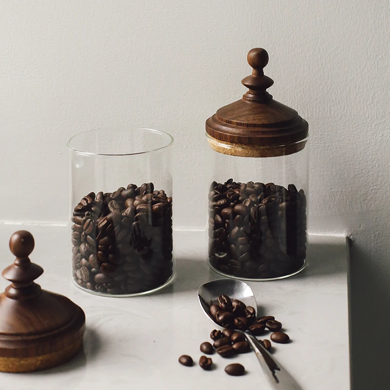 The product can be customized.Vintage coffee bean preservation jar solid wood glass storage jar candy storage jar black wal