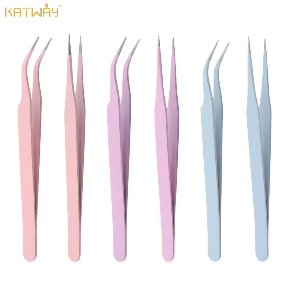 

KATWAY Colored Stainless Steel Straight + Curved Tweezers for Nail Art Sticker Rhinestones Picking Tool Eyelash Makeup HH-AA166