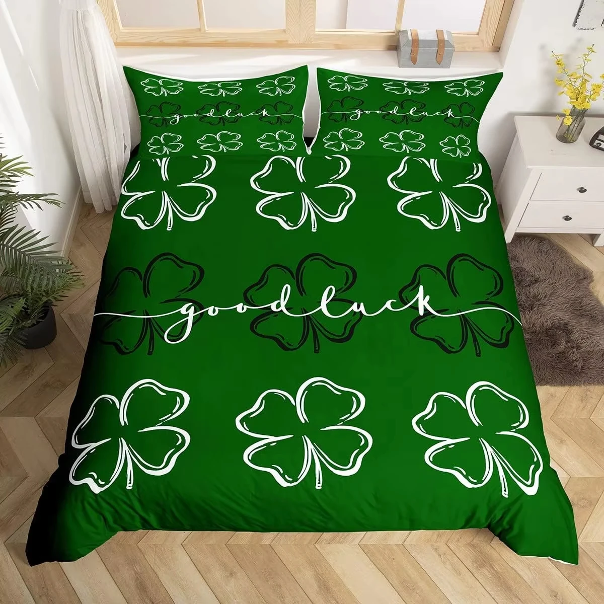 St. Patrick's Day Duvet Cover Queen Cartoon Green Clover Leaves Quilt Cover Holiday Spring Lucky Theme Bedding Set for Dorm Room