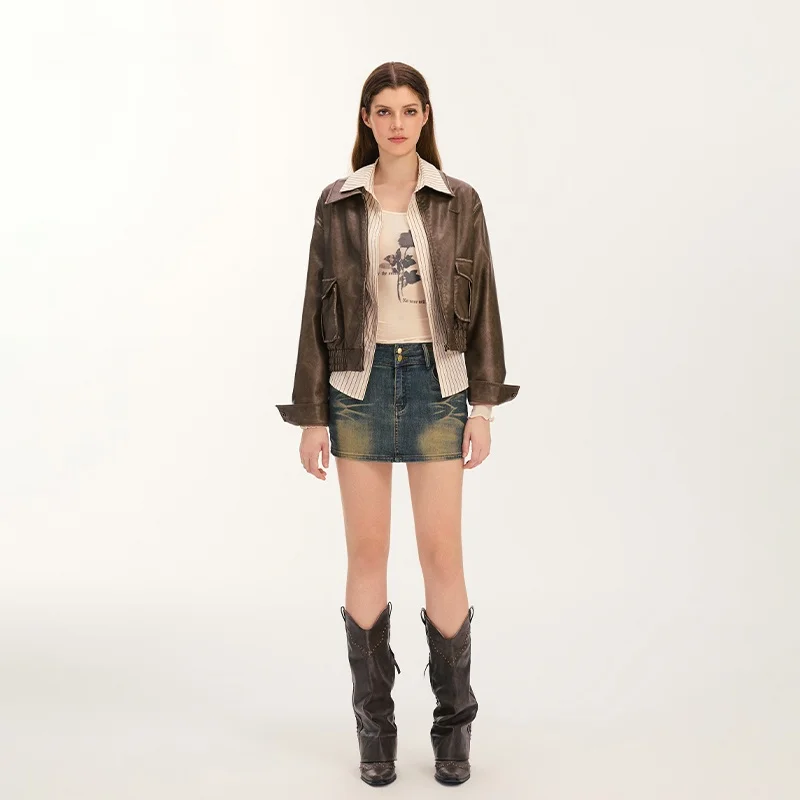 

Vone eeE American Retro Brown Leather Jaet Skirt Set Women's Skirt Sexy Early Autumn New Sle Sweet Sle Loose Fit
