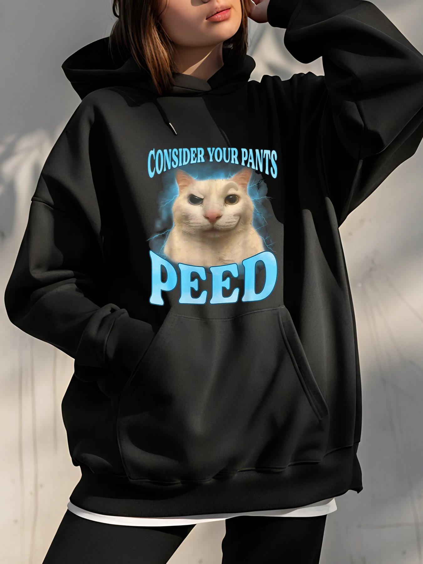 سويت شيرت بقلنسوة على شكل قطة مع سروالك بييد جرافيك للجنسين، ملابس غير رسمية للنساء والرجال، أزياء الشارع #1