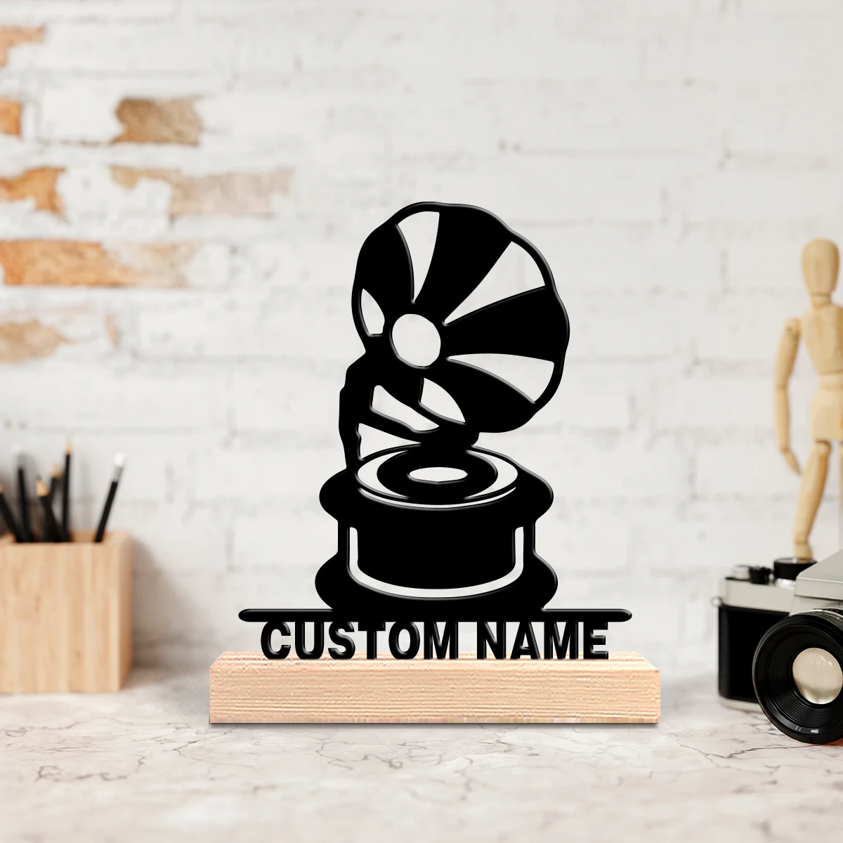 1pc Modern nice Gramophone Customized Letter Iron Statue Tin Ornament Tin Sculpture With Wood Base Handicraft With Wood Base