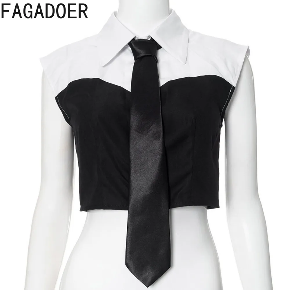 FAGADOER Black White Fashion Color Stitching Slim Crop Top Women Turndown Collar Button Sleeveless Shirts Female Clothing 2024