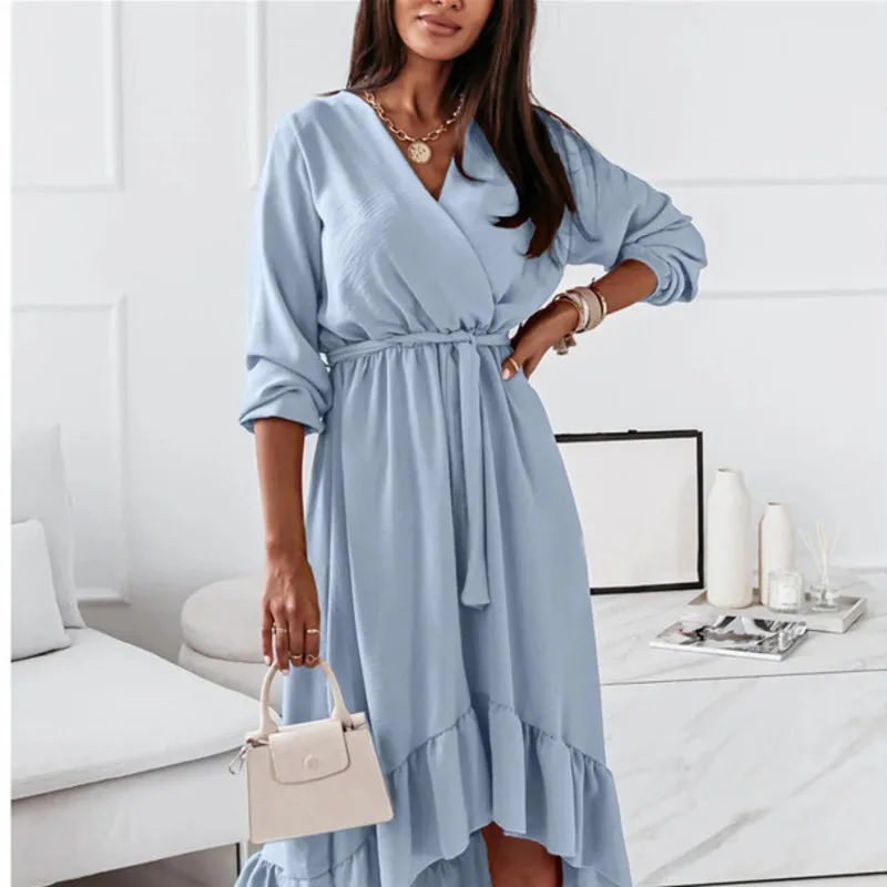 

Women Autumn Winter Long Sleeve Solid Color Ruffled Lace Elegant Dress Women's Temperament Fashion Casual Holiday Long Dress