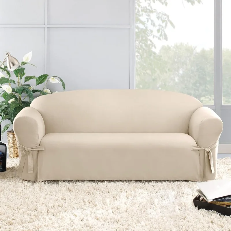 Sofa Cover Cotton Solid One Piece Design and Straight Skirt, Removable and Machine Washable Couch Cover, Natural