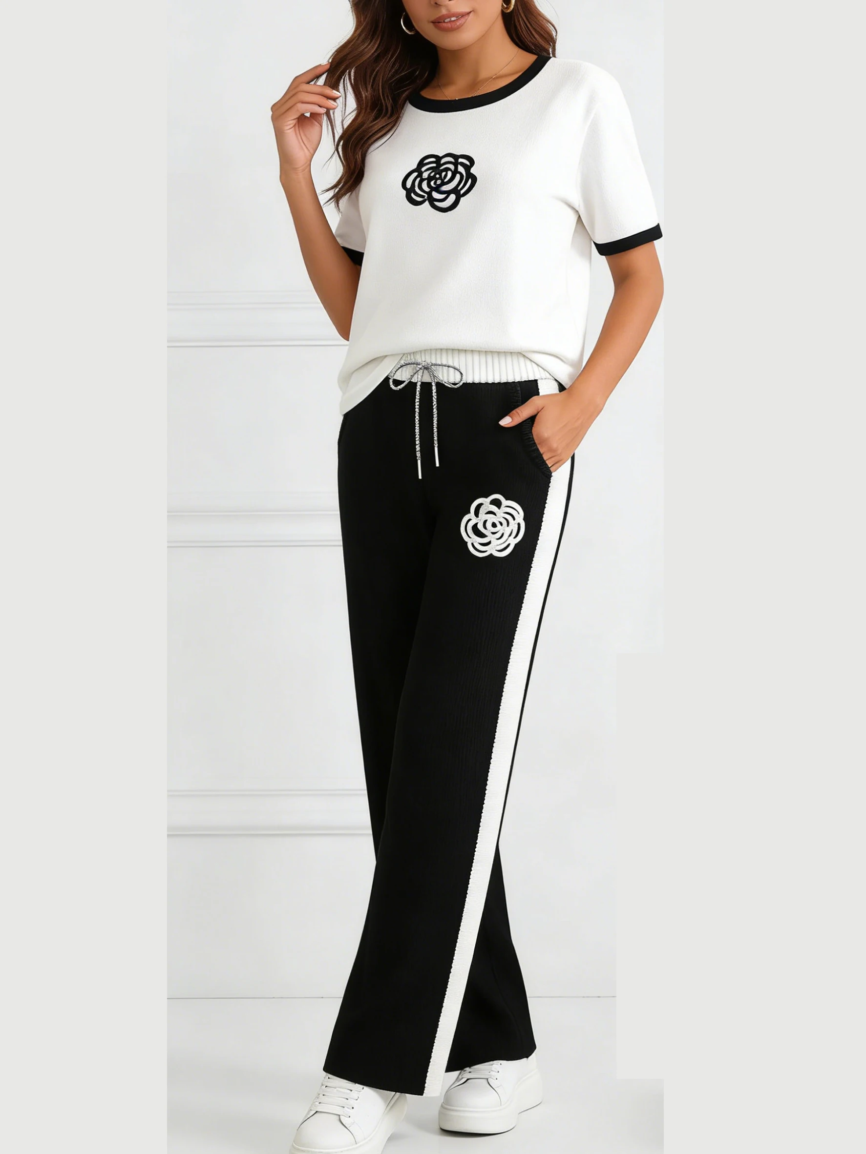 

Women's Two Piece Knit Set Short Sleeve Top with Contrast Trim and Drawstring Waist Wide Leg Pants Casual Daily Wear Outfit