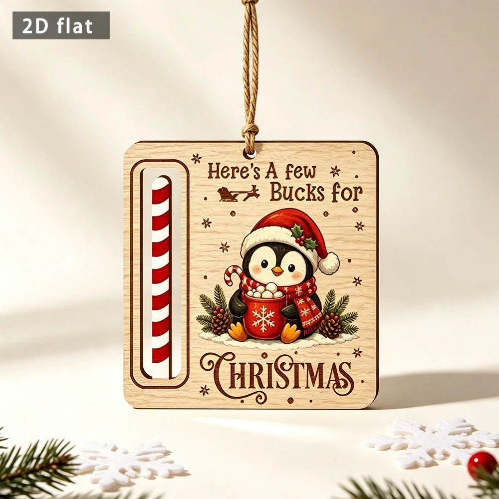 Christmas Penguin 2D Flat Hanging Tag Wooden Money Holder Ornament Xmas Tree Decor Gift