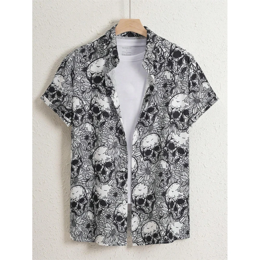 Mode Schädel Floral männer Shirts Lustige Schädel 3D Druck Streetwear Kurzarm T-shirts Hawaiian Shirt Druck Revers Shirts für männer