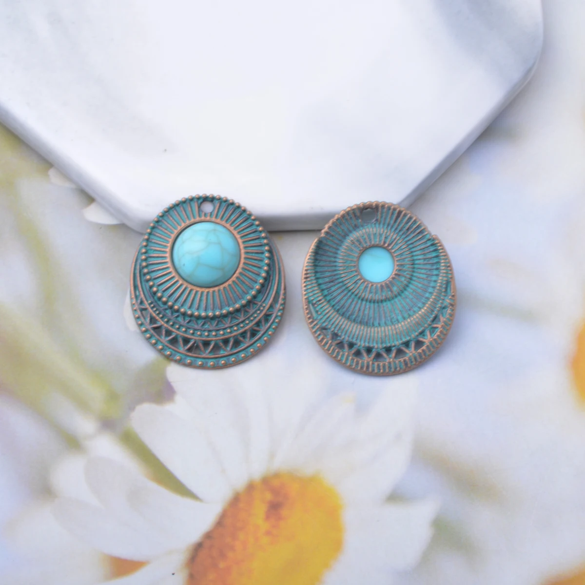 10pcs Bohemian style Antique bronze patina Charms Metal turquoise Cabochon Pendants DIY Making Earrings Women Jewelry