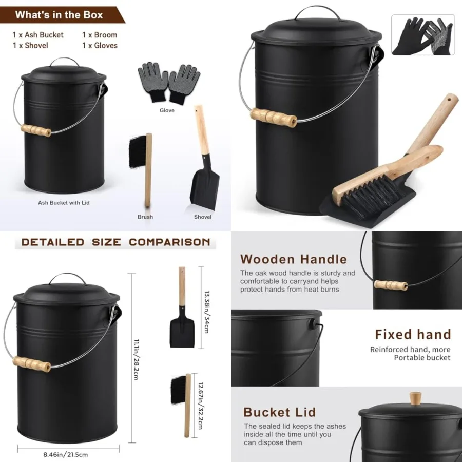 

Ash Bucket with Lid and Shovel, 2.5 Gallon Fireplace Bucket with Broom, Perfect for Fireplaces, Wood Stoves