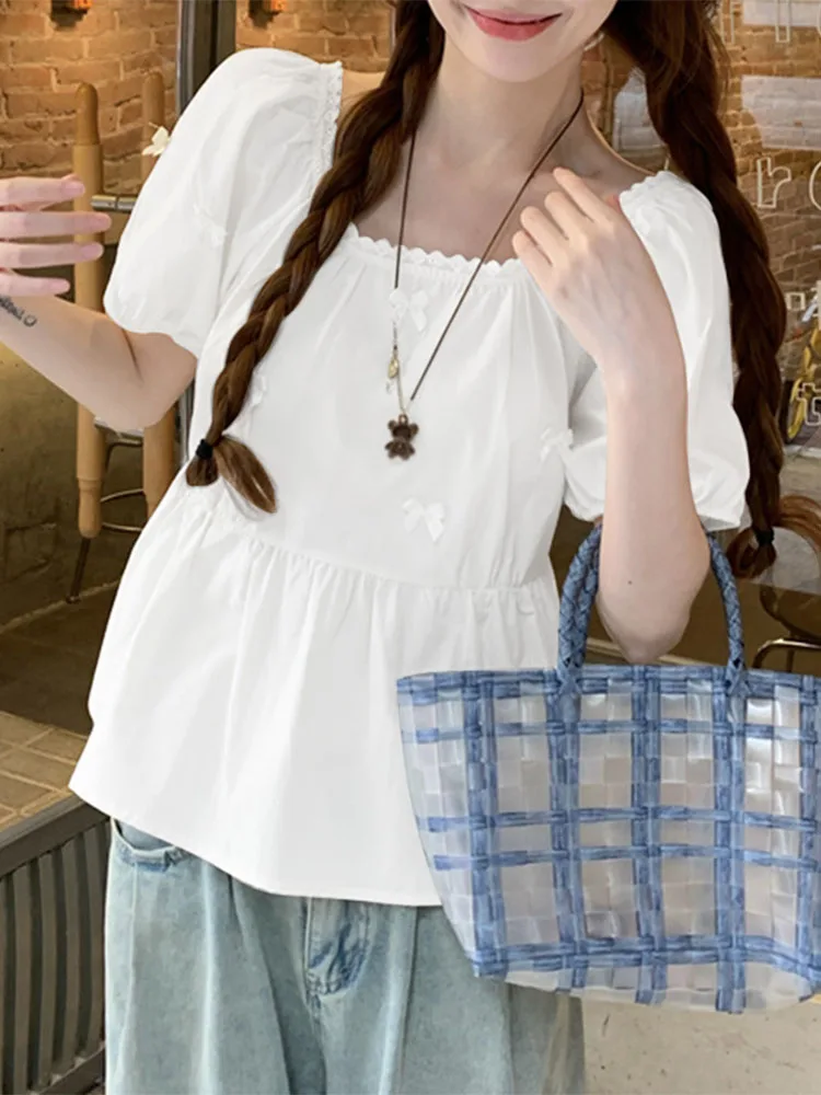 

Fashion Short Sleeve Bow Tops 2025 Women Blouse VONDA Casual Loose O Neck Tunic Lace Pacthwork Blusas Oversized Pullover