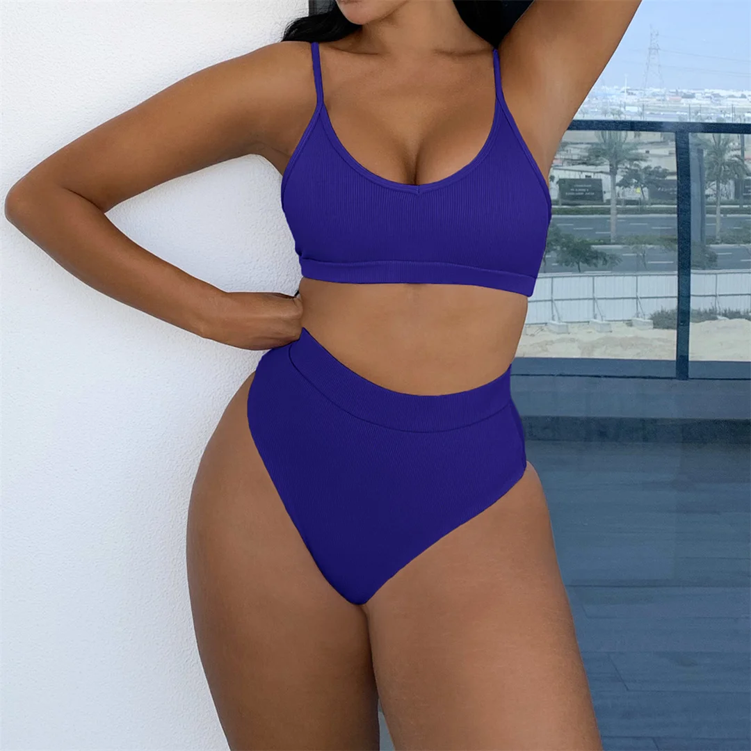 Neuer, gerippter, gepolsterter Bikini mit hoher Taille in 4 Farben, Damen-Badeanzug, zweiteiliges Bikini-Set, Badebekleidung, Badeanzug, Modell V3768. – Detail 13
