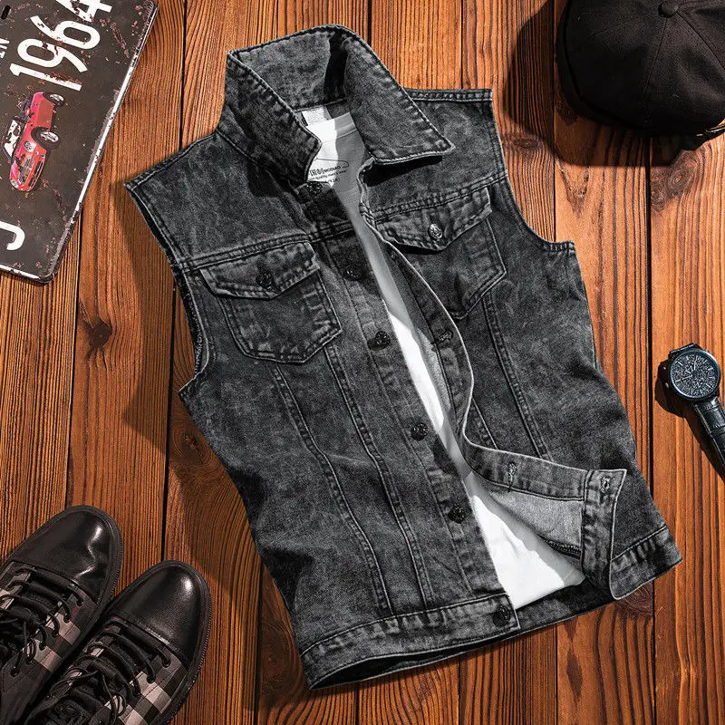 

Vintage Hong Kong Style Men's Denim Vest Loose Fit Casual Streetwear Sleeveless Gilet for Teen Boys Retro Workwear