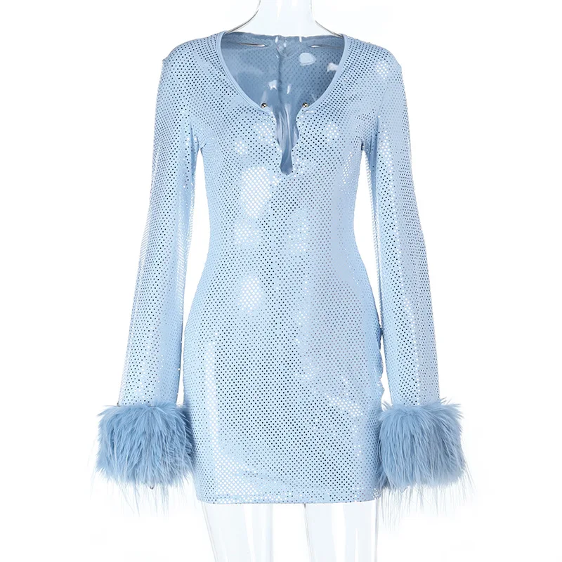 Stsss feminino azul lantejoulas vestido nova moda outono profundo decote em v manga longa decoração de pele do falso magro bodycon festa clube mini vestido