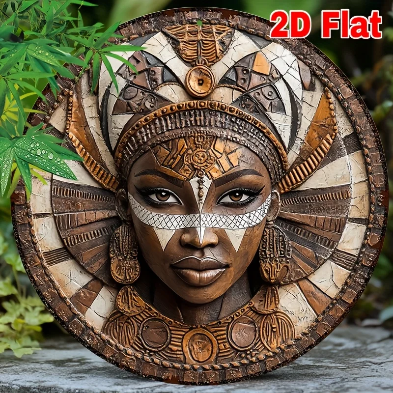 2D Flat 1pc 8X8 Inch (20X20 Cm) Round Sign 2D Metal Sign African Goddess Metal Sign Wall Art Decor Fashion Round Home Gift Decor