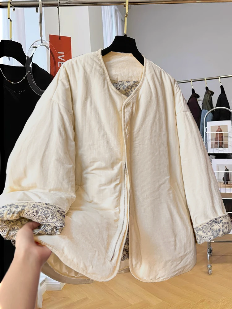 

Retro round Ne Lightweight down Cotton Jaet Women's Winter High End Ele Loose Casual Thi Warm Cotton Coat