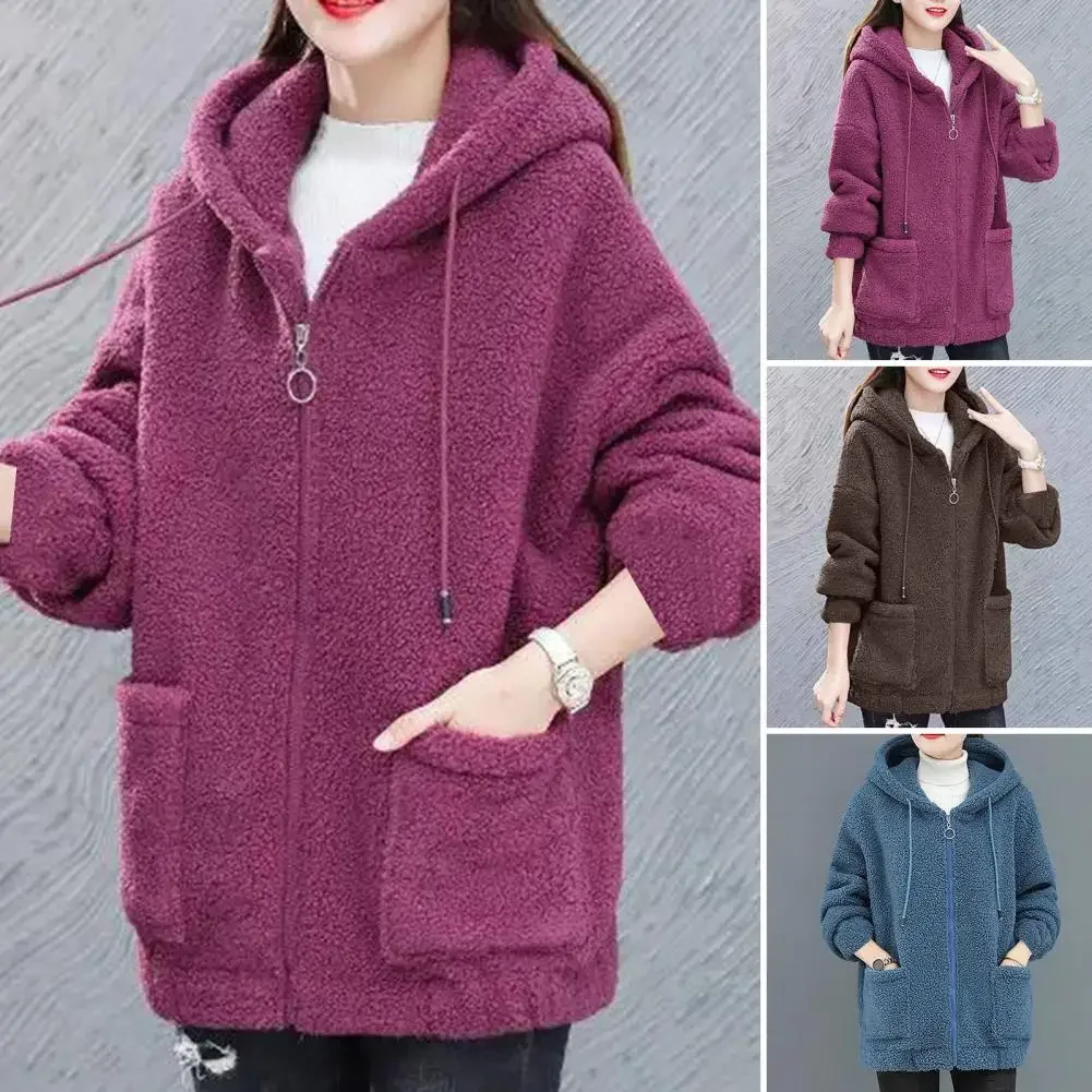 Women Hooded Coat Chic Fleece Thick Solid Color Pockets Long Sleeves Loose Warm Plush Zipper Cardigan Outdoor Winter Jacket