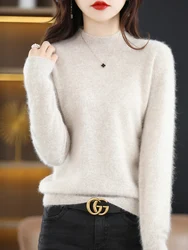 Women's New 100% Mink Cashmere Clothing Winter Half Turtleneck Knitted Pullover Casual Short Sweater Loose Large Size Thick Tops