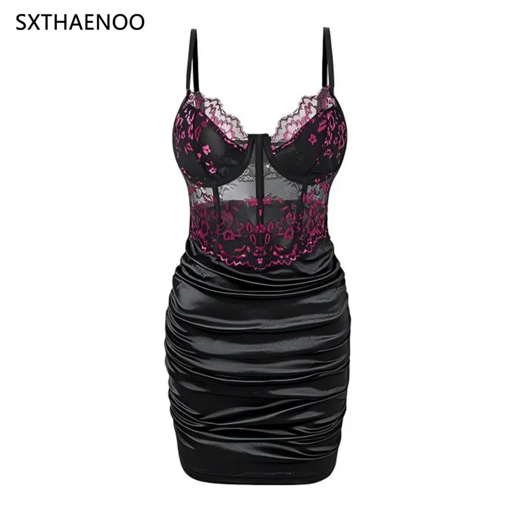 

SXTHAENOO Hot Girls Slim Spaghetti Strap Dresses Women Sexy See Through Flower Lace Fold Package Hip Bodycon Short Dress Vestido