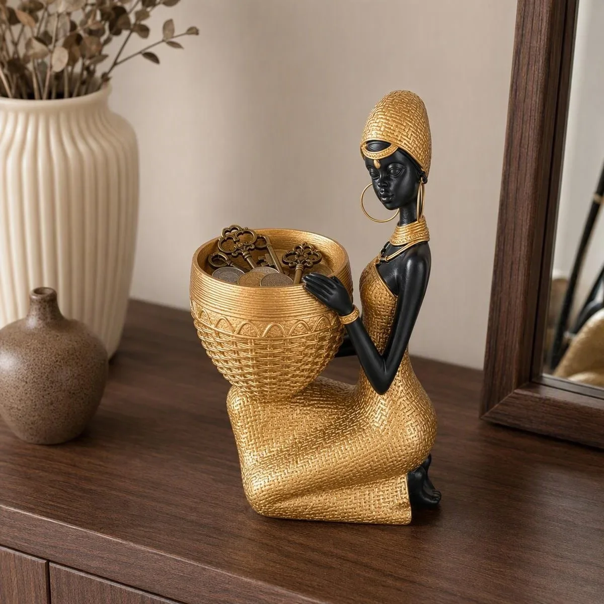 Affordable Luxury Style African Woman Carrying a Basket Sculpture, Home and Office Storage Ornament, Vintage Collectible Decor