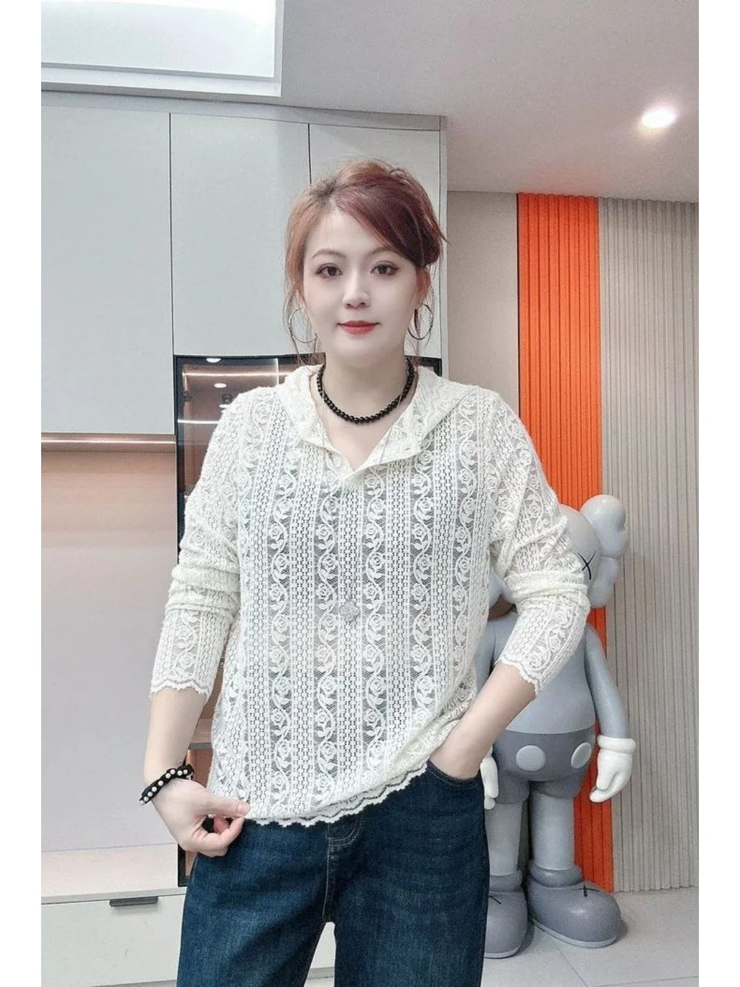 Elegant Lace Hollow out Long Sleeve Hoodie Base Shirt plus Size Design Versatile Slimming Top for Younger Looking Everyday Wear