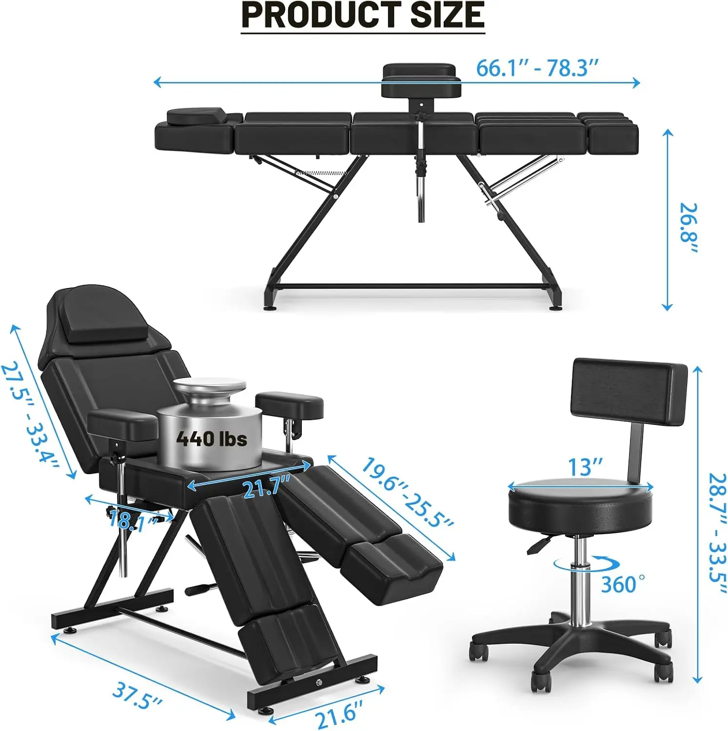 Tattoo Chair for Client, Split Legs & Stool Adjustable Lash Bed