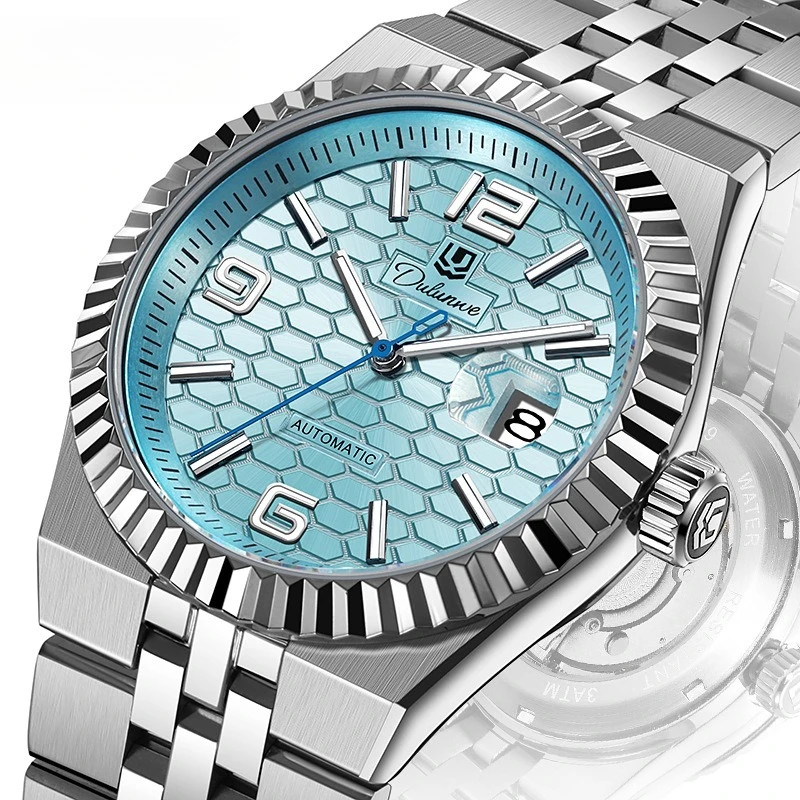 Stainless Steel Honeycomb Texture Solid Steel Band Luminous Waterproof Self-Wind Automatic Mechanical Watch for Men
