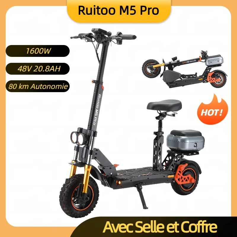 Trottinette Électrique M5 Pro 1600W, Batterie 48V 20.8Ah, 80 km Autonomie, Pliable, Freins Hydrauliques, Avec Selle et Coffre