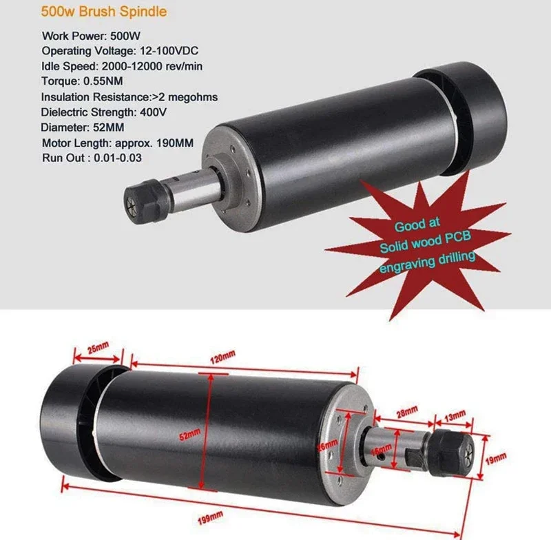 CNC Spindle Motor 0.5kw Air Cooled Spindel ER11 Chuck 500W + 52mm Clamp + Power Supply Speed Governor For PCB Engraving