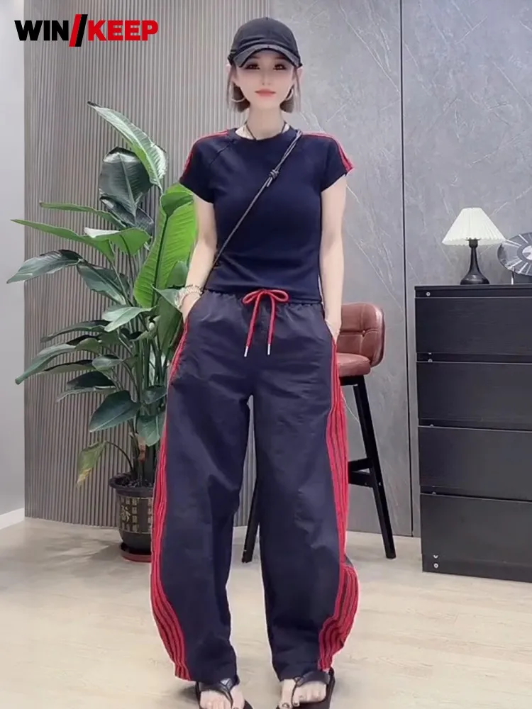 Summer Women Sportswear Short Sleeve Pullover T Shirt High Waist Drawstring Striped Straight Pants Running Sports Two Piece Set